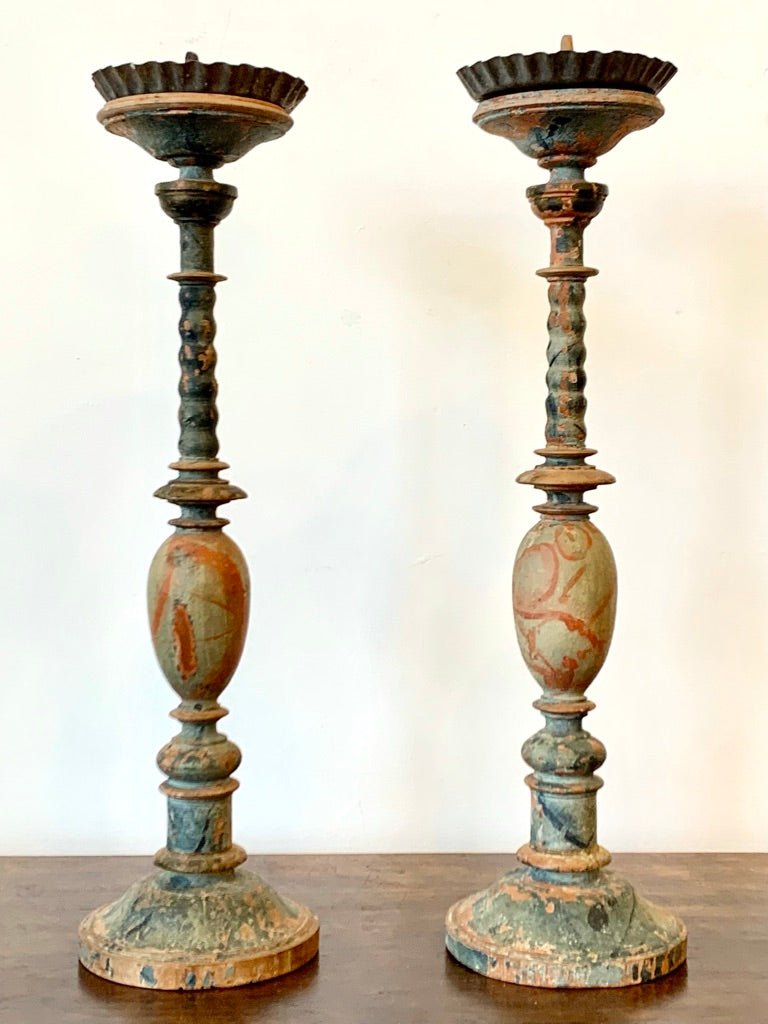 PAIR OF carved Polychrome SWEDISH CANDLESTICKS, 18TH CENTURY - Helen Storey Antiques