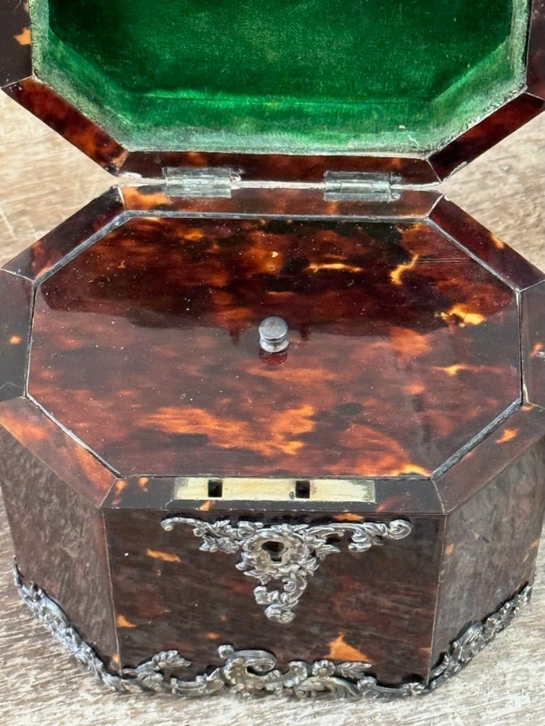 Pair of English Tortoise Shell Victorian Silver Mounted Tea Caddies c.1890 - Helen Storey Antiques