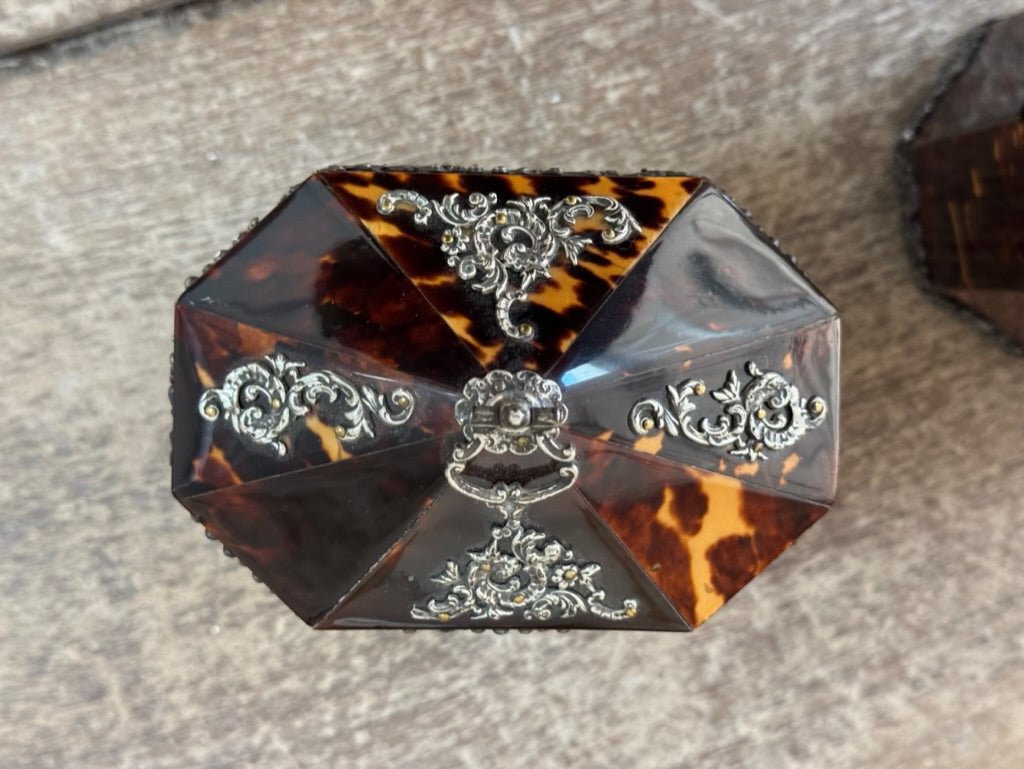 Pair of English Tortoise Shell Victorian Silver Mounted Tea Caddies c.1890 - Helen Storey Antiques
