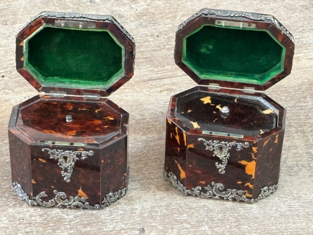 Pair of English Tortoise Shell Victorian Silver Mounted Tea Caddies c.1890 - Helen Storey Antiques
