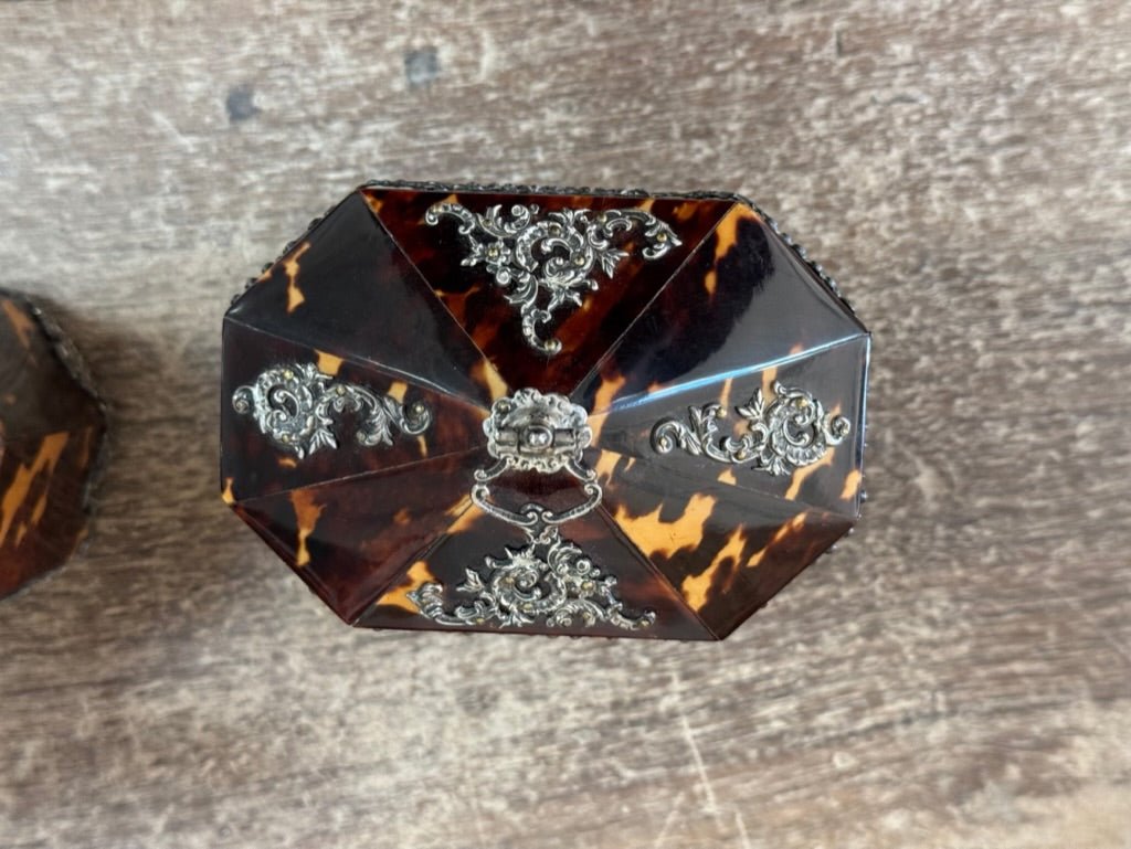 Pair of English Tortoise Shell Victorian Silver Mounted Tea Caddies c.1890 - Helen Storey Antiques