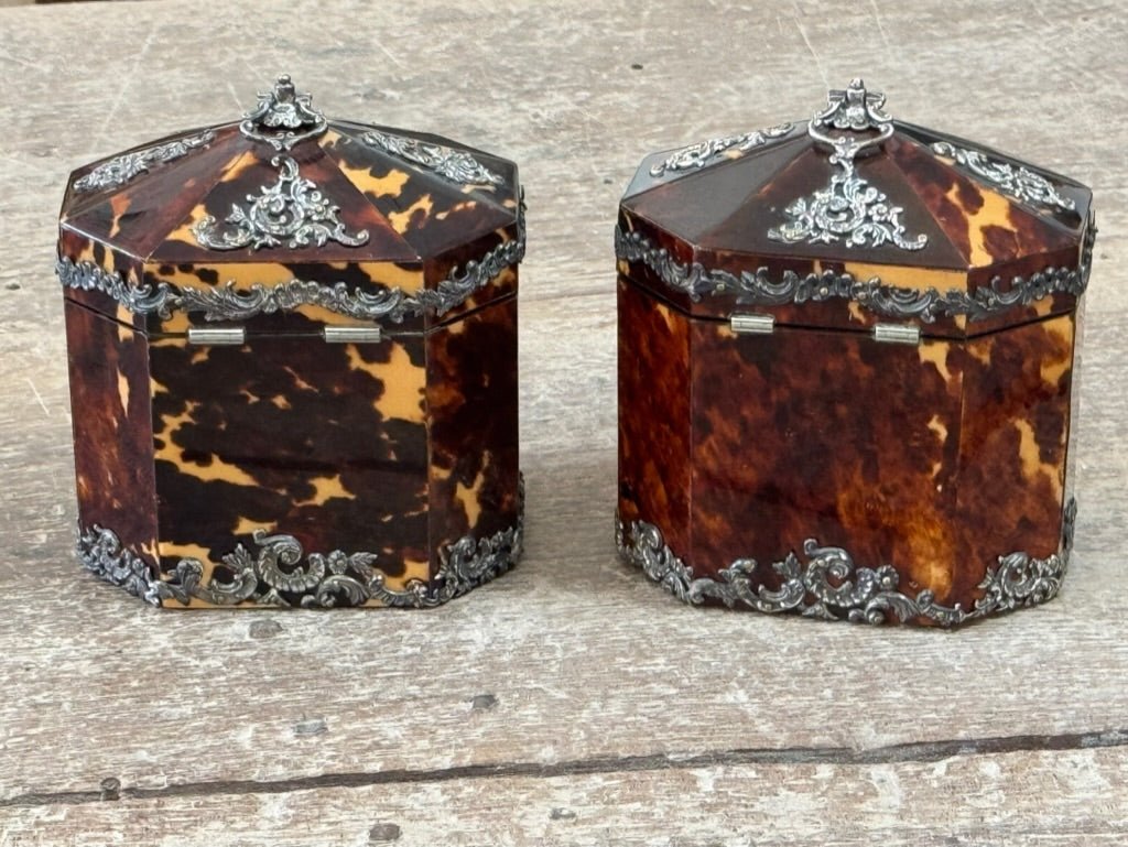Pair of English Tortoise Shell Victorian Silver Mounted Tea Caddies c.1890 - Helen Storey Antiques